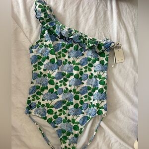 BNWT Ralph Lauren Blue and Green Floral Kids One-Piece Swimsuit size16